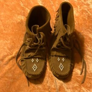 Brown Moccasins with Fringe and Beaded Design